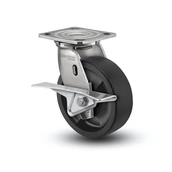 5" x 2" Stainless Steel Hi-Temp Nylon Roller Bearing CAM-Brake Caster with 4" x 4.5" Plate - Heavy-Duty, High-Temperature Performance, Model D4.05109.839 HTBLK BRK3 SS WB29 colson-header1