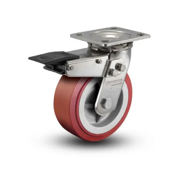Colson Casters Stainless 5" x 2" HI-TECH Polyurethane Delrin Bearing Caster with Total Lock - 4" x 4.5" Plate - SKU: D4.05109.921 BRK4 SS -  | CasterHQ