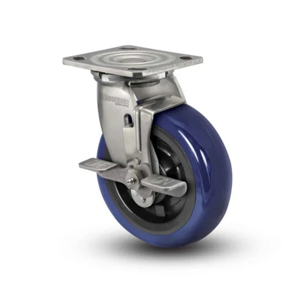 Colson Casters Stainless 5" x 2" Eagle Polyurethane Top-Lock Caster with Precision Ball Bearing - 4" x 4.5" Plate - SKU: D4.05109.925 EG BRK7 SS | Durable & Reliable Mobility Solution colson-header