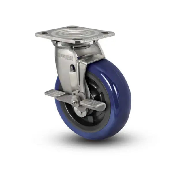Colson Casters Stainless 5" x 2" Eagle Polyurethane Top-Lock Caster with Precision Ball Bearing - 4" x 4.5" Plate - SKU: D4.05109.925 EG BRK7 SS | Durable & Reliable Mobility Solution -  | CasterHQ