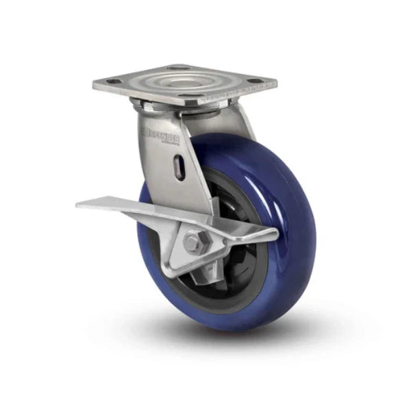 Colson Casters Stainless 5" x 2" Eagle Polyurethane Roller Bearing CAM-Brake Caster with 4" x 4.5" Plate - SKU: D4.05109.929 EG BRK3 SS WB29 | Heavy-Duty, Durable, and Safe Mobility Solution for Industrial Use colson-header