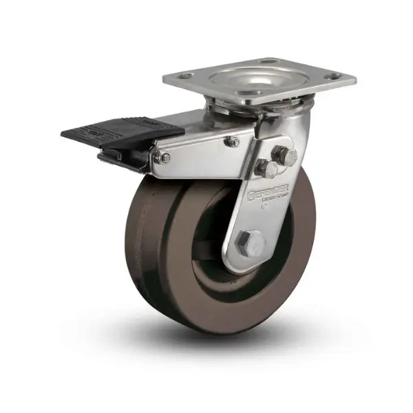 Colson Casters | Stainless 6" x 2" Hi-Temp Phenolic Roller Bearing Caster with Total Lock & 4" x 4.5" Plate - SKU: D4.06109.339 HT BRK4 SS WB29 | Heavy Duty Caster for Industrial & High-Heat Applications -  | CasterHQ