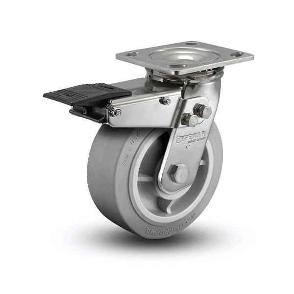 6" x 2" Stainless Steel Performa Rubber Precision Ball Bearing Caster with Total Lock - Heavy-Duty 4" x 4.5" Plate - Model D4.06109.455 BRK4 SS colson-header1