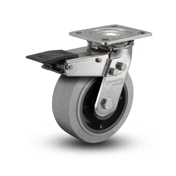 Stainless Steel 6"x2" Performa Rubber Swivel Caster with Total Lock, 4"x4.5" Plate & 410 lb Load Capacity -  | CasterHQ