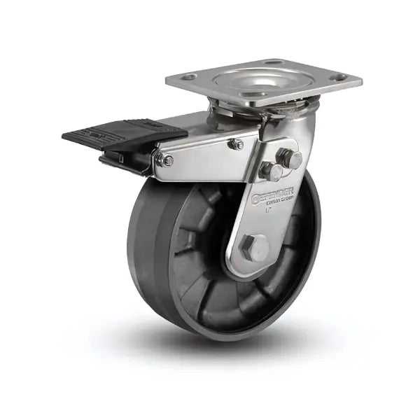 6" x 2" Stainless Steel Max Nylon Delrin Bearing Caster with Total Lock - Heavy-Duty 4" x 4.5" Plate - Model D4.06109.531 BRK4 SS -  | CasterHQ