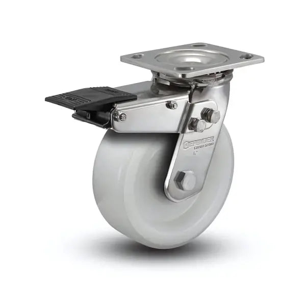 6" x 2" Stainless White Nylon Precision Ball Bearing Caster with Total Lock | Heavy-Duty 4" x 4.5" Plate | Model D4.06109.535 WN BRK4 SS -  | CasterHQ