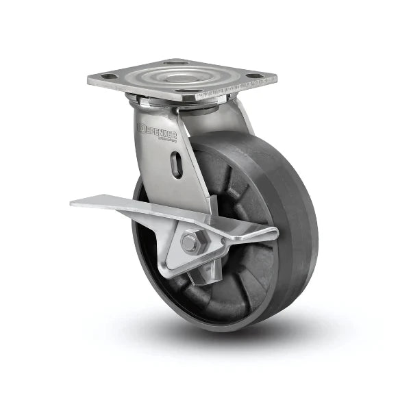 6" x 2" Stainless Max Nylon Roller Bearing CAM-Brake Caster with 4x4.5 Plate - Heavy-Duty Industrial Mobility Solution (Model D4.06109.539 BRK3 SS WB29) colson-header