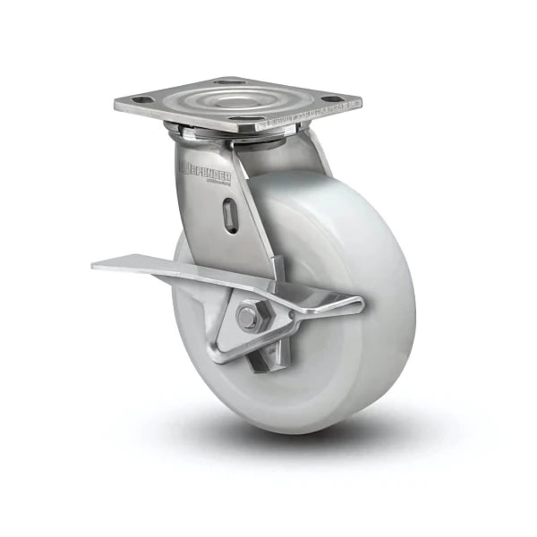 6" x 2" Stainless White Nylon Roller Bearing CAM-Brake Caster with 4" x 4.5" Plate - Durable, High-Performance Solution for Reliable Mobility and Safety in Industrial Applications - Model D4.06109.539 WN BRK3 SS WB29 colson-header