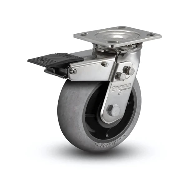 Stainless Steel 6" Precision Ball Bearing Swivel Caster with Total Lock, Rubber Wheels, and 4" Plate colson-header1