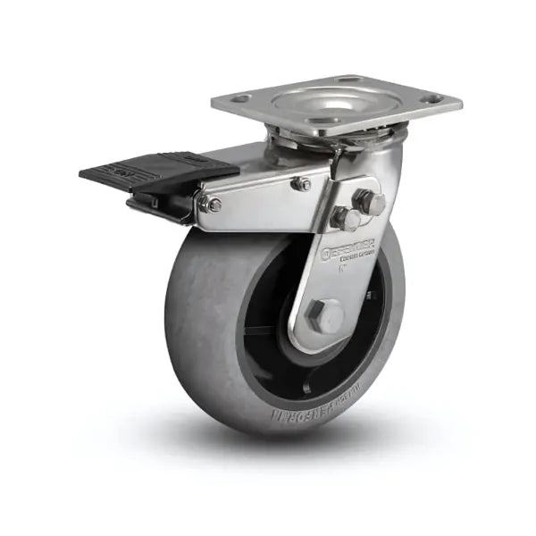 Stainless Steel 6" Precision Ball Bearing Swivel Caster with Total Lock, Rubber Wheels, and 4" Plate -  | CasterHQ