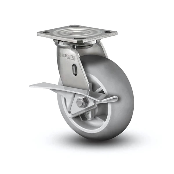 Stainless Steel 6"x2" Performa Rubber Roller Bearing CAM-Brake Swivel Caster with 4"x4.5" Plate colson-header1