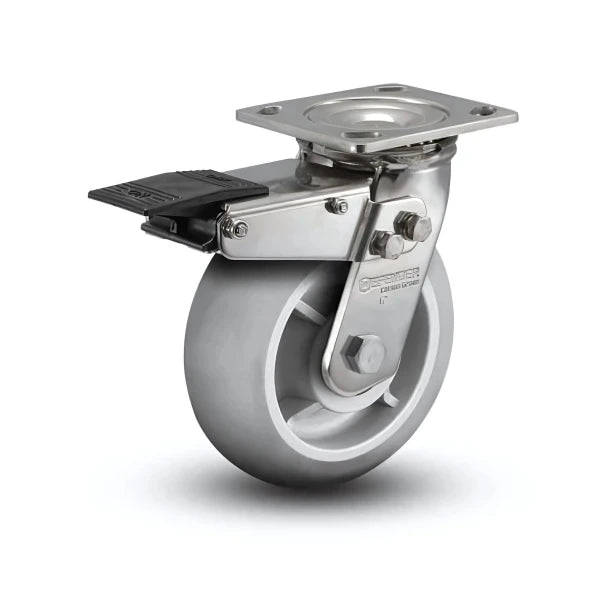6" x 2" Stainless Performa Rubber Round Roller Bearing Caster with Total Lock - Heavy-Duty, Durable Design for Industrial Applications - Model D4.06109.559 BRK4 SS WB29 colson-header1