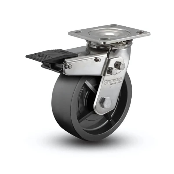 6" x 2" Stainless Steel Polyolefin Caster with Delrin Bearing, Total Lock, and 4" x 4.5" Plate - Heavy-Duty Industrial & Commercial Use - Model D4.06109.831 BRK4 SS colson-header