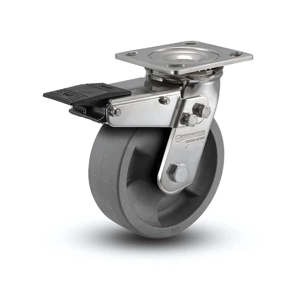 6" x 2" Stainless Steel HD Nylon Glass Filled Delrin Bearing Caster with Total Lock - Heavy-Duty 4" x 4.5" Plate - Model D4.06109.831 DT BRK4 SS colson-header