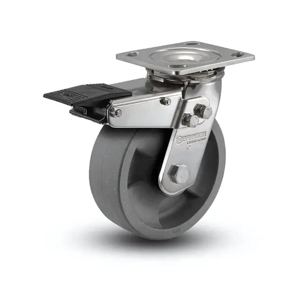 6" x 2" Stainless Steel HD Nylon Glass Filled Delrin Bearing Caster with Total Lock - Heavy-Duty 4" x 4.5" Plate - Model D4.06109.831 DT BRK4 SS -  | CasterHQ