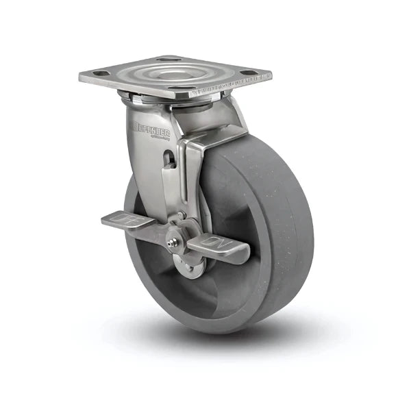 6" x 2" Stainless Steel Heavy-Duty Nylon Caster with Glass-Filled Delrin Bearing and Side Lock - 4" x 4.5" Plate - Ideal for Industrial Applications - Model D4.06109.831 DT BRK7 SS colson-header