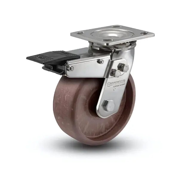 6" x 2" Stainless Thermo Hi-Temp Delrin Bearing Caster with Total Lock | Heavy-Duty Plate 4" x 4.5" | Model D4.06109.831 HT BRK4 SS | Ideal for High-Temperature Applications -  | CasterHQ