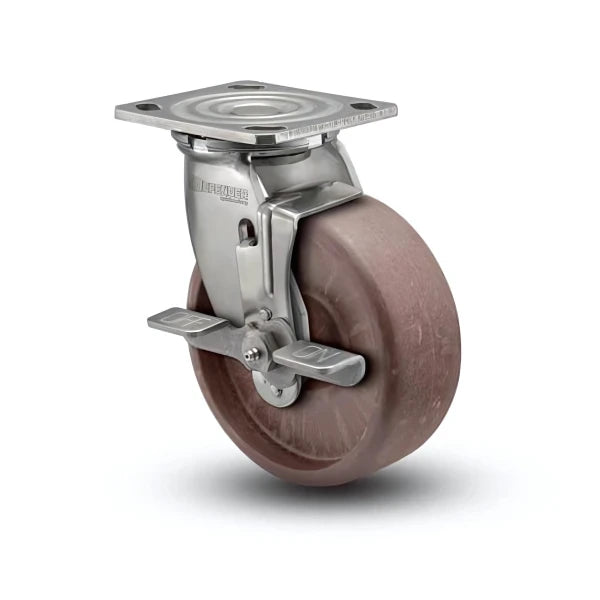 6" x 2" Stainless Thermo Hi-Temp Delrin Bearing Side-Lock Caster with 4" x 4.5" Plate - Heavy-Duty, High-Temperature Industrial Caster for Reliable Performance - Model D4.06109.831 HT BRK7 SS colson-header