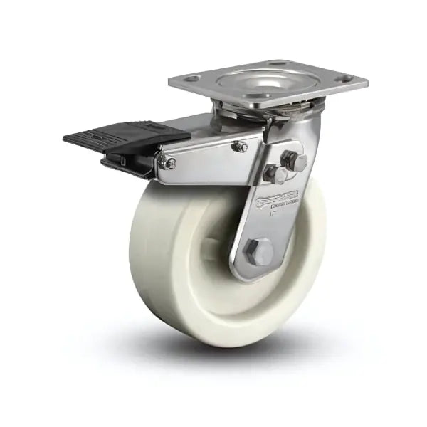 6" x 2" Stainless Steel Hi-Temp Retort Delrin Bearing Caster with Total Lock and 4" x 4.5" Mounting Plate - Durable, High-Heat Resistant for Industrial & Heavy-Duty Use - Model D4.06109.831 RW BRK4 SS -  | CasterHQ
