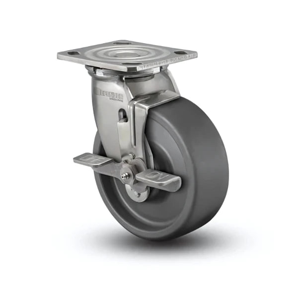 Stainless Steel 6" Swivel Caster | 1100 lb Capacity | Solid Elastomer Wheel | Side-Lock Brake | 4"x4.5" Plate CasterHQ