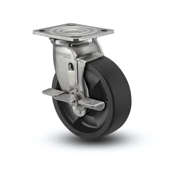 6" x 2" Stainless Steel Hi-Temp Nylon Precision Ball Bearing Side-Lock Caster with 4" x 4.5" Plate - Heavy-Duty, High-Temperature Performance for Industrial Applications | Model D4.06109.835 HTBLK BRK7 SS colson-header