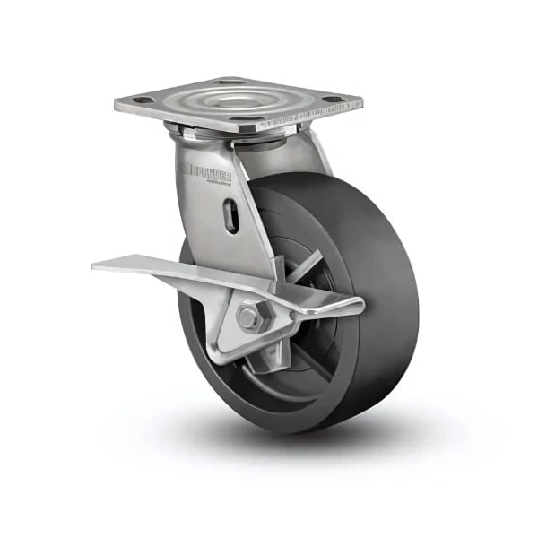 6" x 2" Stainless Polyolefin Roller Bearing CAM-Brake Caster with 4" x 4.5" Plate – Heavy-Duty Industrial Caster for Smooth Movement and Secure Locking – Model D4.06109.839 BRK3 SS WB29 colson-header