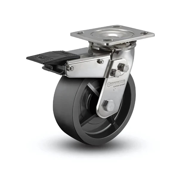 6" x 2" Stainless Polyolefin Roller Bearing Caster with Total Lock - 4" x 4.5" Plate - Heavy-Duty Industrial Caster for Commercial and Warehouse Use - Model D4.06109.839 BRK4 SS WB29 colson-header