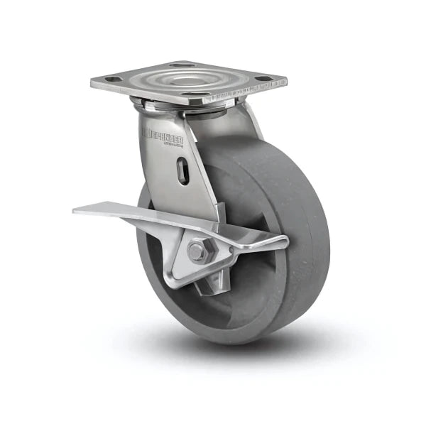 Stainless Steel 6"x2" Nylon Glass Filled Roller Swivel Bearing CAM-Brake Caster with 4"x4.5" Plate colson-header1