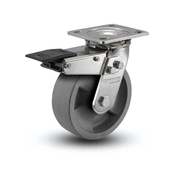 6" x 2" Stainless Steel HD Nylon Glass Filled Roller Bearing Caster with Total Lock - 4" x 4.5" Plate - Heavy-Duty Industrial Caster for High-Temperature Applications - Model D4.06109.839 DT BRK4 SS WB29 colson-header