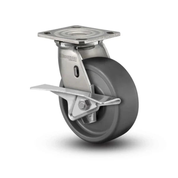 Colson Casters Stainless Steel 6" x 2" Solid Elastomer Roller Bearing CAM-Brake Caster - 4" x 4.5" Plate - SKU: D4.06109.839 EN BRK3 SS WB29 - Durable and Versatile for Industrial Use colson-header