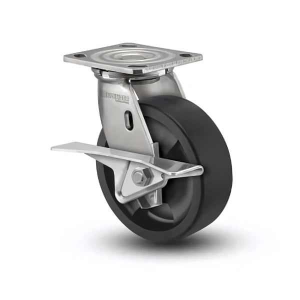 6" x 2" Stainless Hi-Temp Nylon Roller Bearing CAM-Brake Caster with 4" x 4.5" Plate - High-Durability Design for Heavy-Duty Applications - Model D4.06109.839 HTBLK BRK3 SSWB29 colson-header