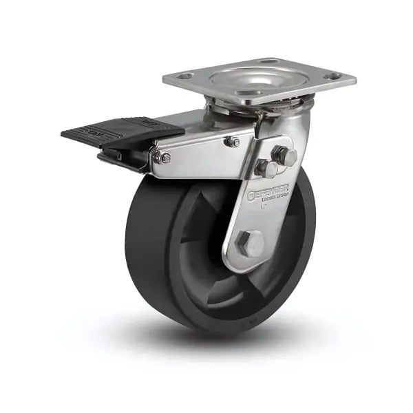 Stainless Steel 6" Hi-Temp Nylon Roller Bearing Swivel Caster with Total Lock, 4" x 4.5" Plate -  | CasterHQ