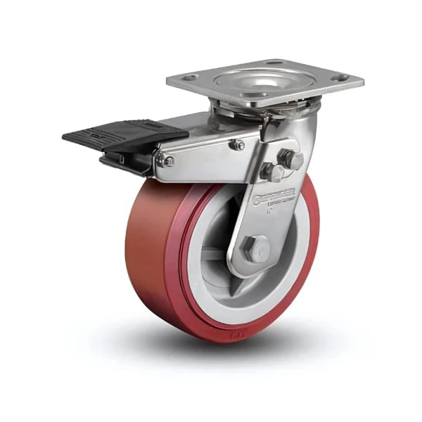 6" x 2" Stainless Steel HI-TECH Polyurethane Caster with Precision Ball Bearing, Total Lock & 4" x 4.5" Plate - Heavy-Duty Industrial Caster D4.06109.925 BRK4 SS colson-header