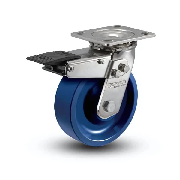 6" x 2" Stainless K Solid Polyurethane Delrin Bearing Caster with Total Lock - Heavy-Duty 4" x 4.5" Plate for Industrial Mobility Solutions - D4.06109.931 KW BRK4 SS colson-header