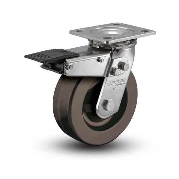Stainless Steel 8"x2" Hi-Temp Phenolic Precision Ball Bearing Swivel Caster with Total Lock, 4"x4.5" Plate, 1200 lb Capacity colson-header