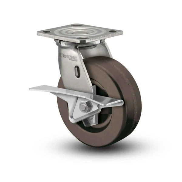 Colson Casters Stainless 8" x 2" Hi-Temp Phenolic Roller Bearing CAM-Brake Caster with 4" x 4.5" Plate - SKU: D4.08109.339 HT BRK3 SS WB29 | High-Temperature Industrial Caster for Heavy Duty Applications colson-header