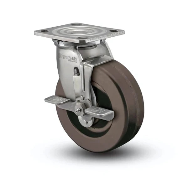 Stainless Steel 8"x2" Hi-Temp Phenolic Roller Bearing Swivel Caster with Side-Lock Brake and 4"x4.5" Plate – 1200 lb Capacity colson-header