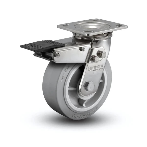 8" x 2" Stainless Performa Rubber Caster with Total Lock | Flat/Grey Delrin Bearing | Heavy-Duty 4" x 4.5" Plate - D4.08109.451 BRK4 SS colson-header1