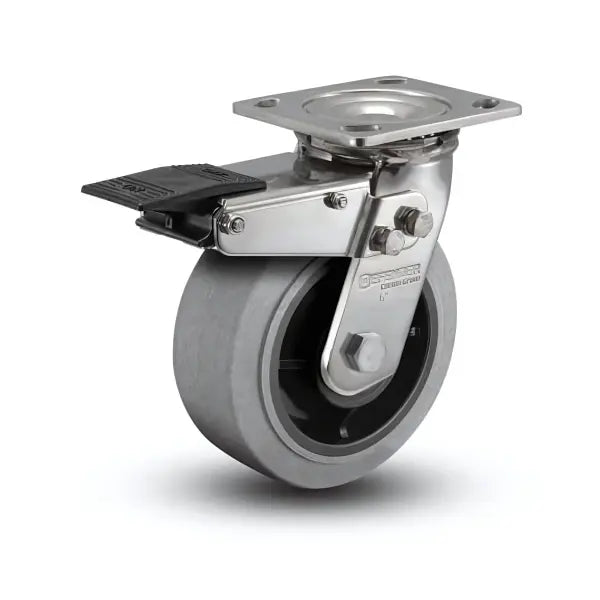 8" x 2" Stainless Performa Rubber Precision Ball Bearing Caster with Total Lock - Flat/Conductive - 4" x 4.5" Plate - D4.08109.455 COND BRK4 SS for Heavy-Duty Applications -  | CasterHQ
