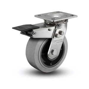 8" x 2" Stainless Performa Rubber Precision Ball Bearing Caster with Total Lock - Flat/Conductive - 4" x 4.5" Plate - D4.08109.455 COND BRK4 SS for Heavy-Duty Applications colson-header1