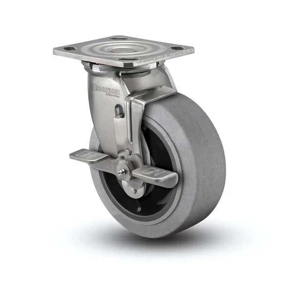 8" x 2" Stainless Performa Rubber (Flat/Conductive) Side-Lock Caster - Precision Ball Bearing with 4" x 4.5" Plate - D4.08109.455 COND BRK7 SS for Heavy-Duty Applications colson-header1