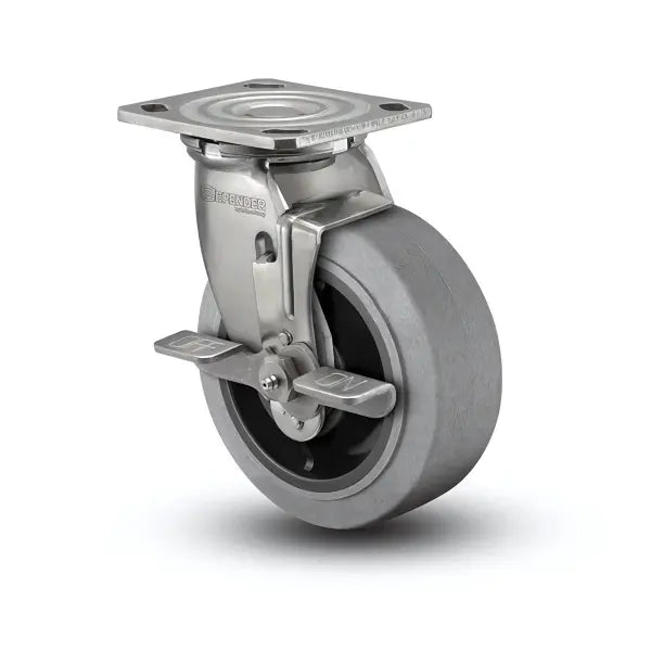 8" x 2" Stainless Performa Rubber (Flat/Conductive) Side-Lock Caster - Precision Ball Bearing with 4" x 4.5" Plate - D4.08109.455 COND BRK7 SS for Heavy-Duty Applications -  | CasterHQ