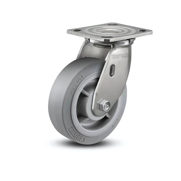 8" x 2" Stainless Performa Rubber Roller Bearing Caster - Heavy-Duty, Flat Grey Wheel, 4" x 4.5" Plate (Model D4.08109.459 SS WB29) colson-header1