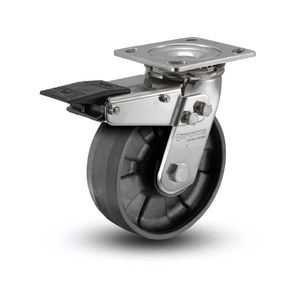 Stainless Steel 8"x2" Max Nylon Delrin Bearing Swivel Caster with Total Lock, 4"x4.5" Plate colson-header1