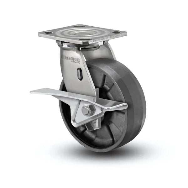 Stainless Steel 8"x2" Max Nylon Roller Bearing CAM-Brake Caster with 4"x4.5" Plate & 1250 lb Load Capacity colson-header1
