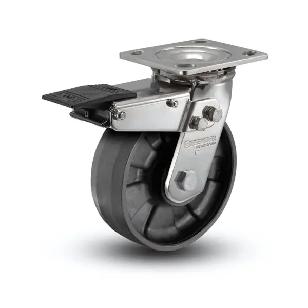 Stainless Steel 8"x2" Max Nylon Roller Bearing Swivel Caster with Total Lock, 4"x4.5" Plate, 1250 lb Capacity -  | CasterHQ