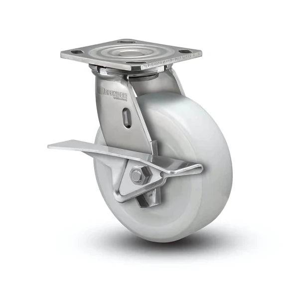 Stainless Steel 8"x2" White Nylon Roller Bearing CAM-Brake Swivel Caster with 4"x4.5" Plate & 1200 lb Load Capacity colson-header1