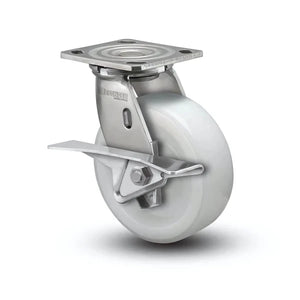 Stainless Steel 8"x2" White Nylon Roller Bearing CAM-Brake Swivel Caster with 4"x4.5" Plate & 1200 lb Load Capacity colson-header1
