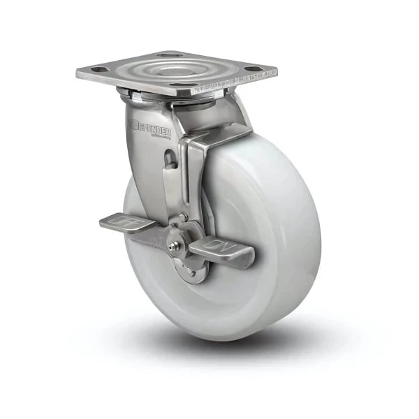 Stainless Steel 8"x2" White Nylon Roller Bearing Side-Lock Swivel Caster with 4"x4.5" Plate colson-header1
