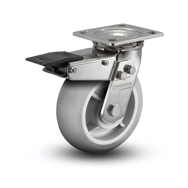 8" x 2" Stainless Performa Rubber Round Caster with Total Lock - Precision Ball Bearing for Heavy-Duty Applications - 4" x 4.5" Plate (Model: D4.08109.555 BRK4 SS) colson-header1